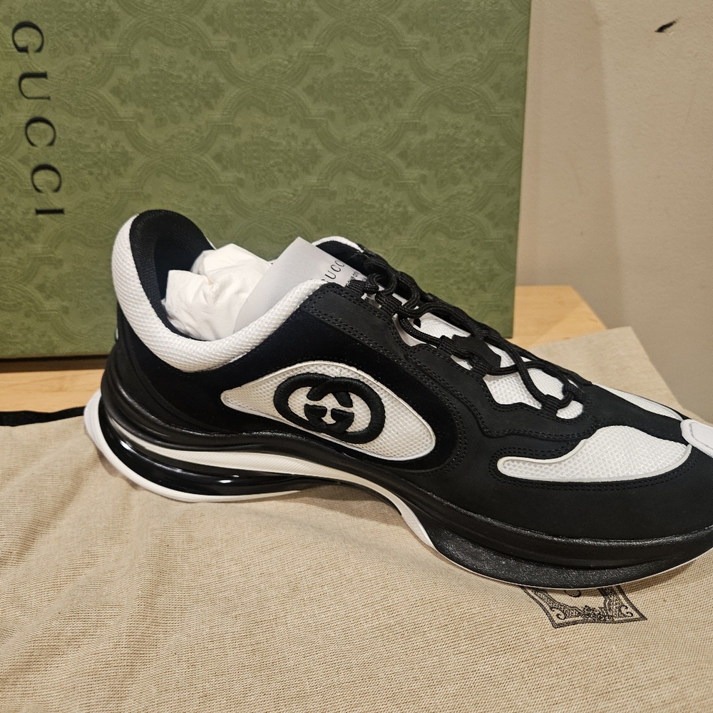 Gucci Run Sneakers Black White Suede Mesh GG Size UK 11 - Picture 4 of 8